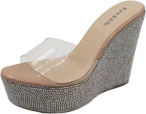 BAMBOO Women Rhinestone Glitter Clear Band Platform Wedge Sandal