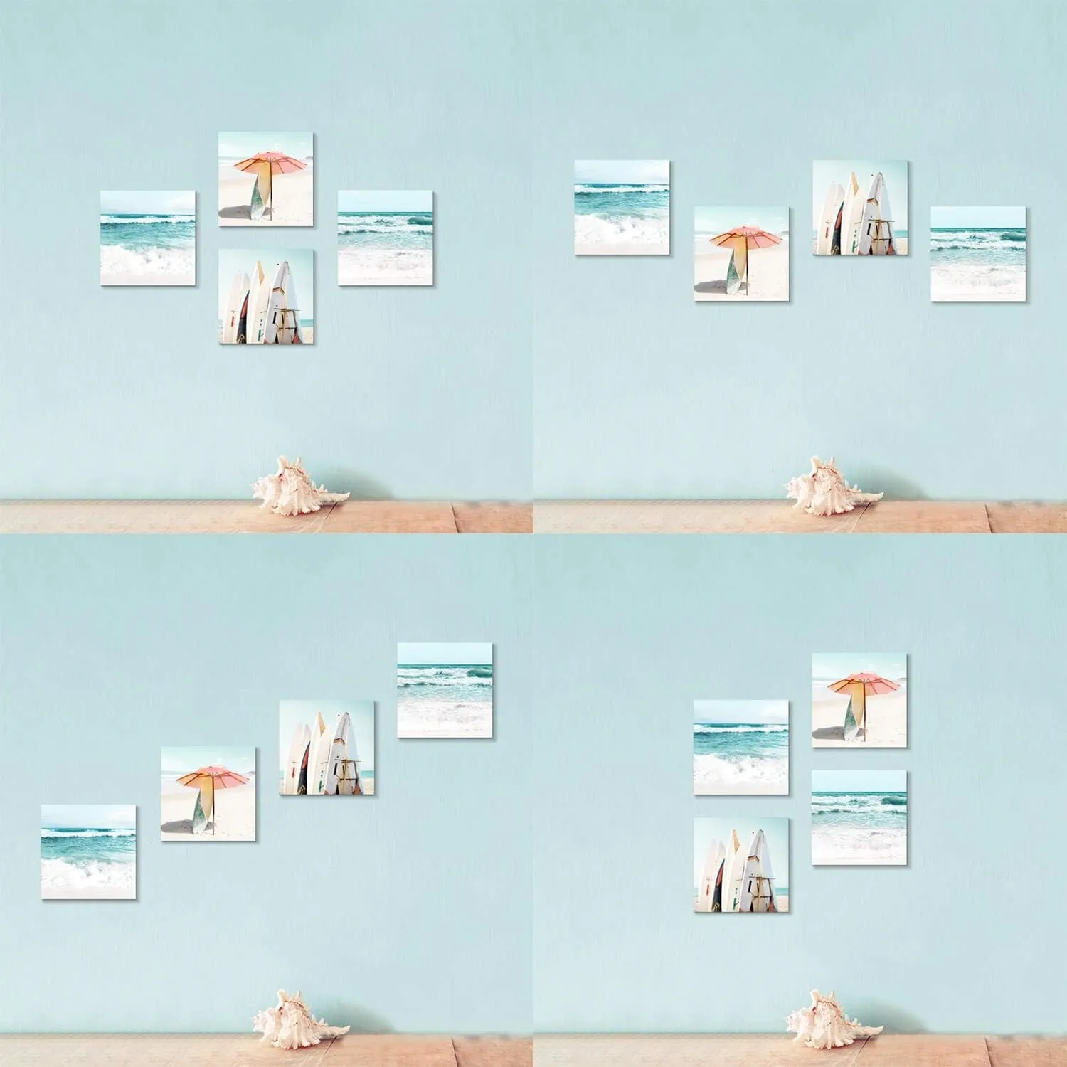 Beach Canvas Wall Art Painting: Summer Surfboard and Umbrella on Beach Picture Print for Bathroom (12'' x 12'' x 4 Panels)