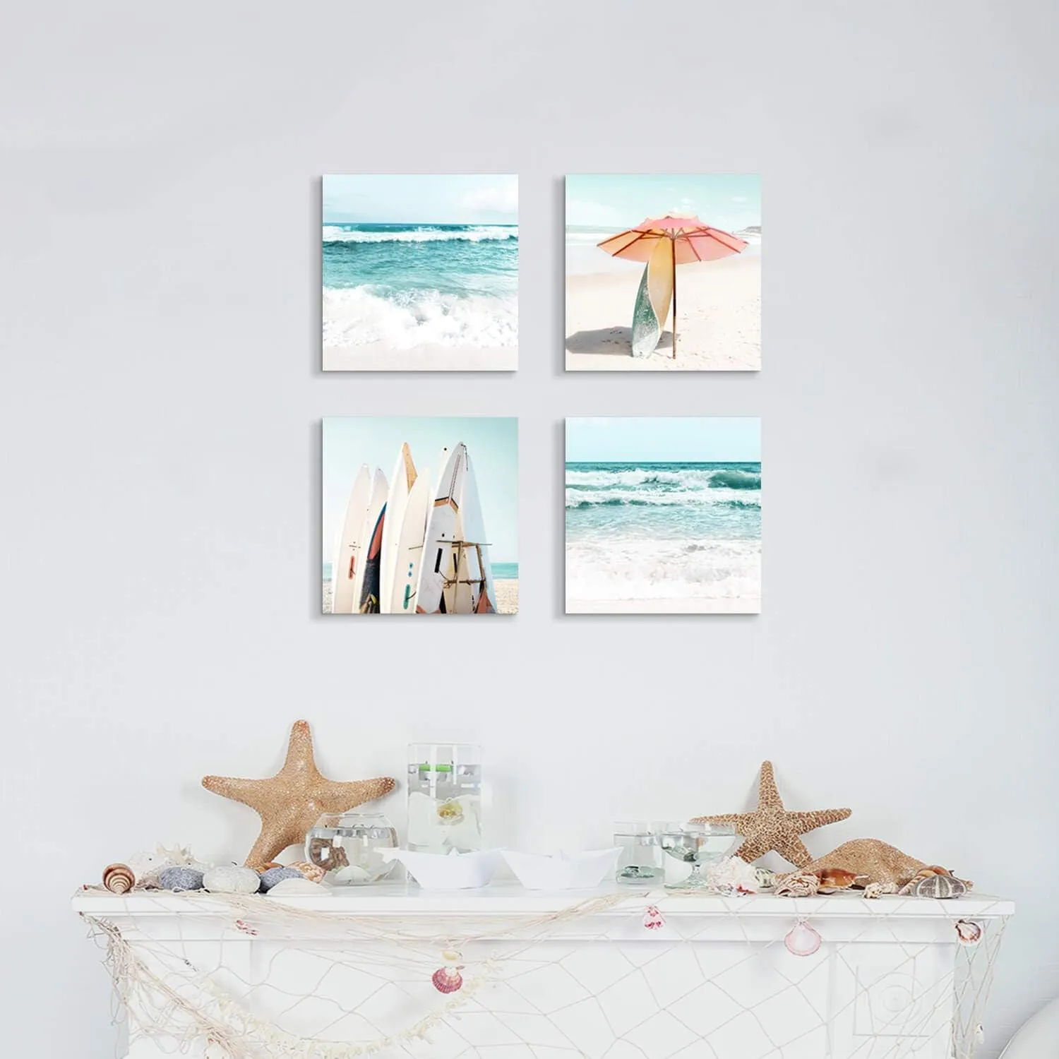 Beach Canvas Wall Art Painting: Summer Surfboard and Umbrella on Beach Picture Print for Bathroom (12'' x 12'' x 4 Panels)