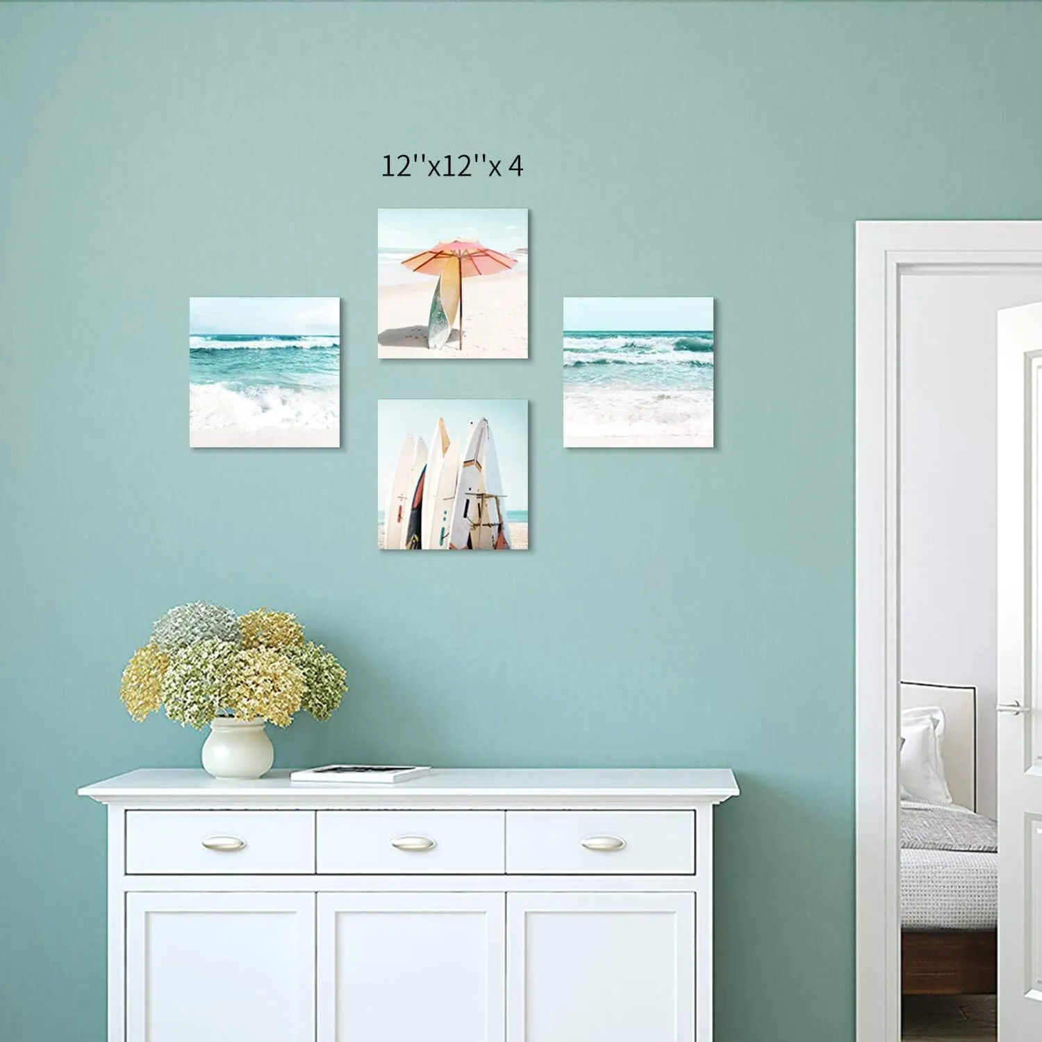 Beach Canvas Wall Art Painting: Summer Surfboard and Umbrella on Beach Picture Print for Bathroom (12'' x 12'' x 4 Panels)
