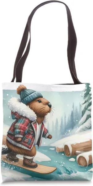 Beaver Snowboarding On Snowy Riverbank. Snowboard Logs Snow Tote Bag