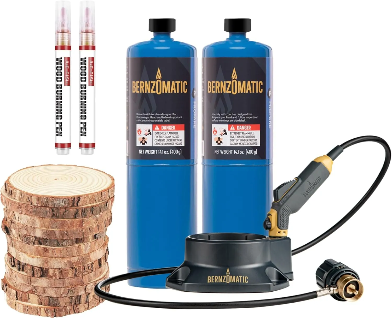 Bernzomatic FirePoint Creator Tool Wood Burning Kit for Crafts and Gifting, Includes Precision Flame Propane Torch, 2 Propane Fuel Cylinders, 2 Wood Burning Pens and 12 Natural Wood Slices for Gifts