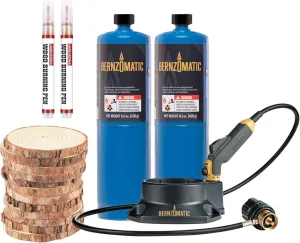 Bernzomatic FirePoint Creator Tool Wood Burning Kit for Crafts and Gifting, Includes Precision Flame Propane Torch, 2 Propane Fuel Cylinders, 2 Wood Burning Pens and 12 Natural Wood Slices for Gifts