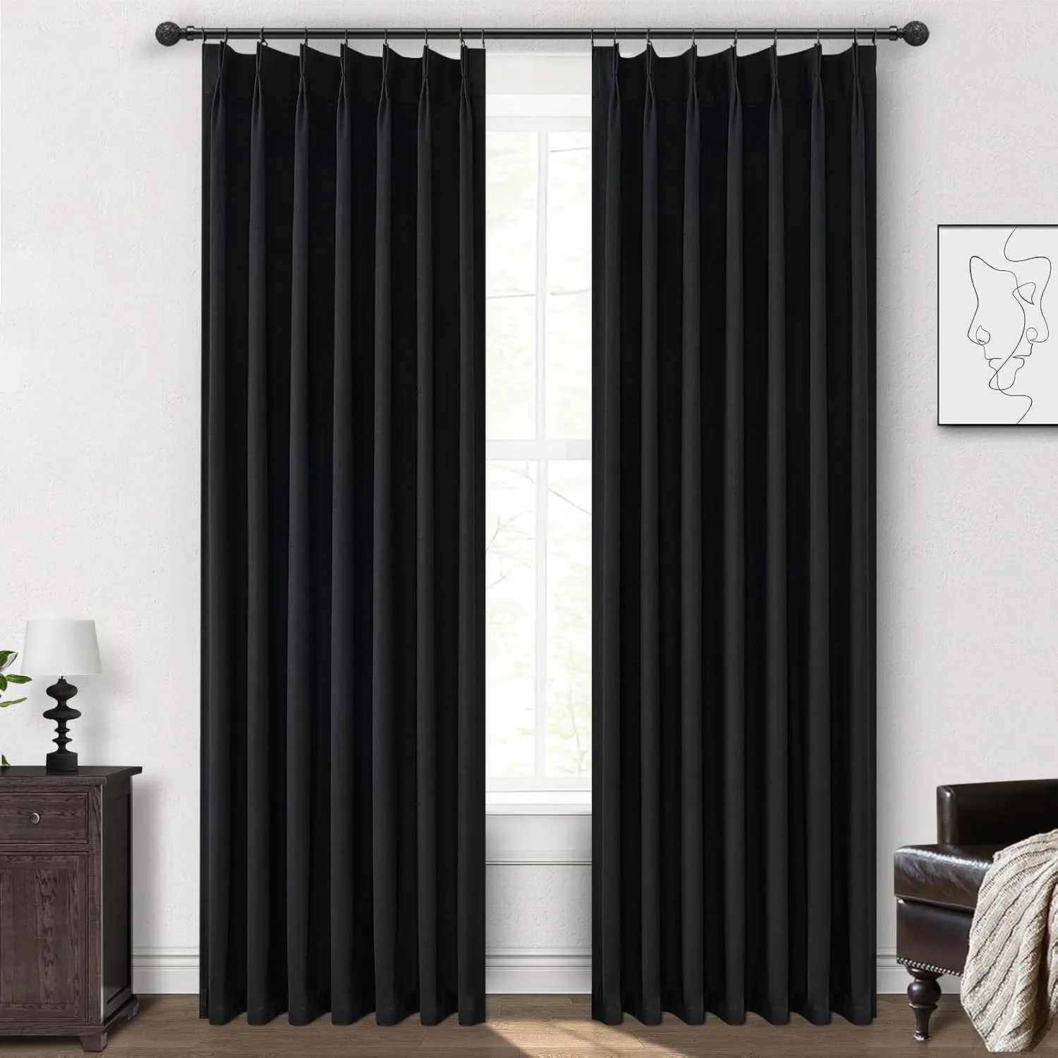 Black Curtains for Bedroom 90 Inches Long, Sound Proof Modern Window Drapes Light Blocking Floor to Ceiling Rod Pocket Linen Pinch Pleated Curtains Blackout Dining Room/Office (40"x90" 2 Panels)