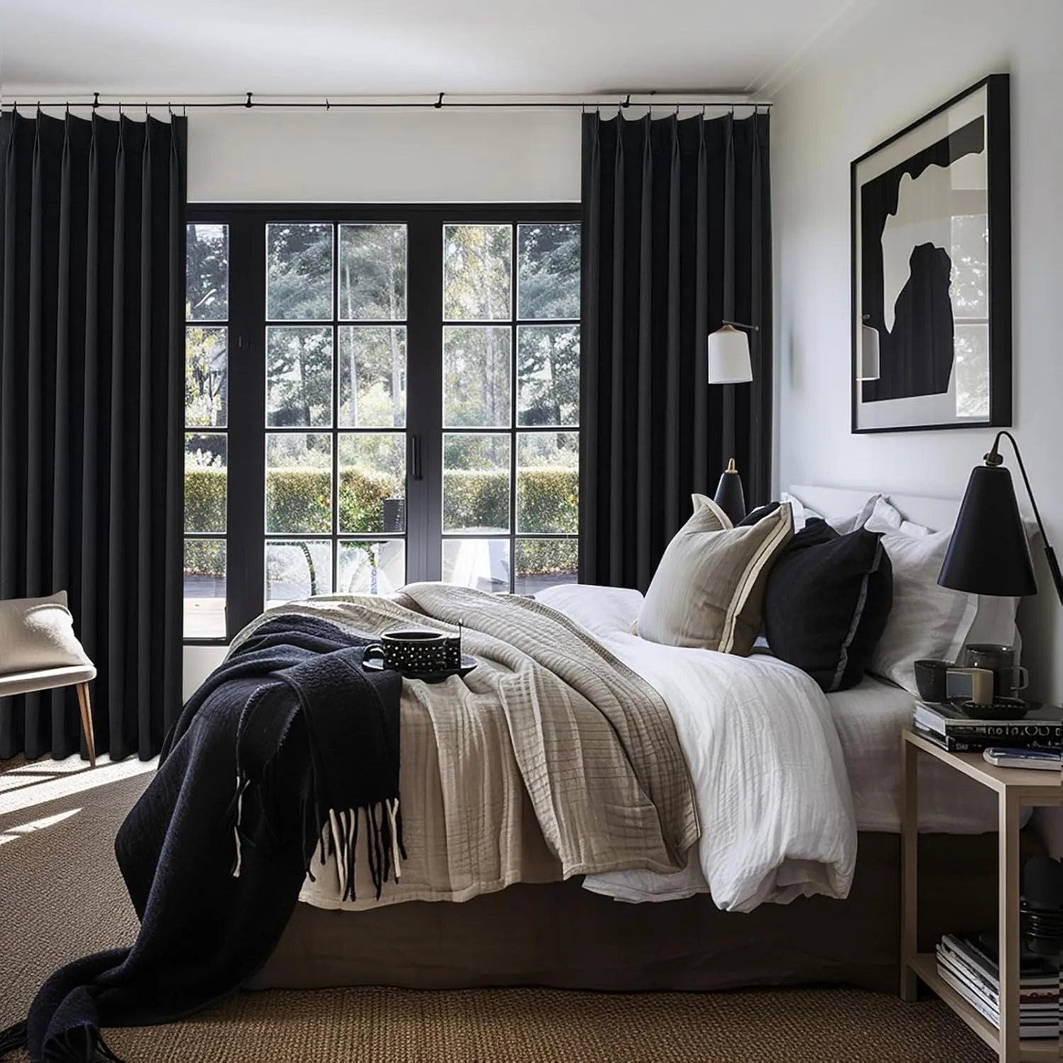 Black Curtains for Bedroom 90 Inches Long, Sound Proof Modern Window Drapes Light Blocking Floor to Ceiling Rod Pocket Linen Pinch Pleated Curtains Blackout Dining Room/Office (40"x90" 2 Panels)