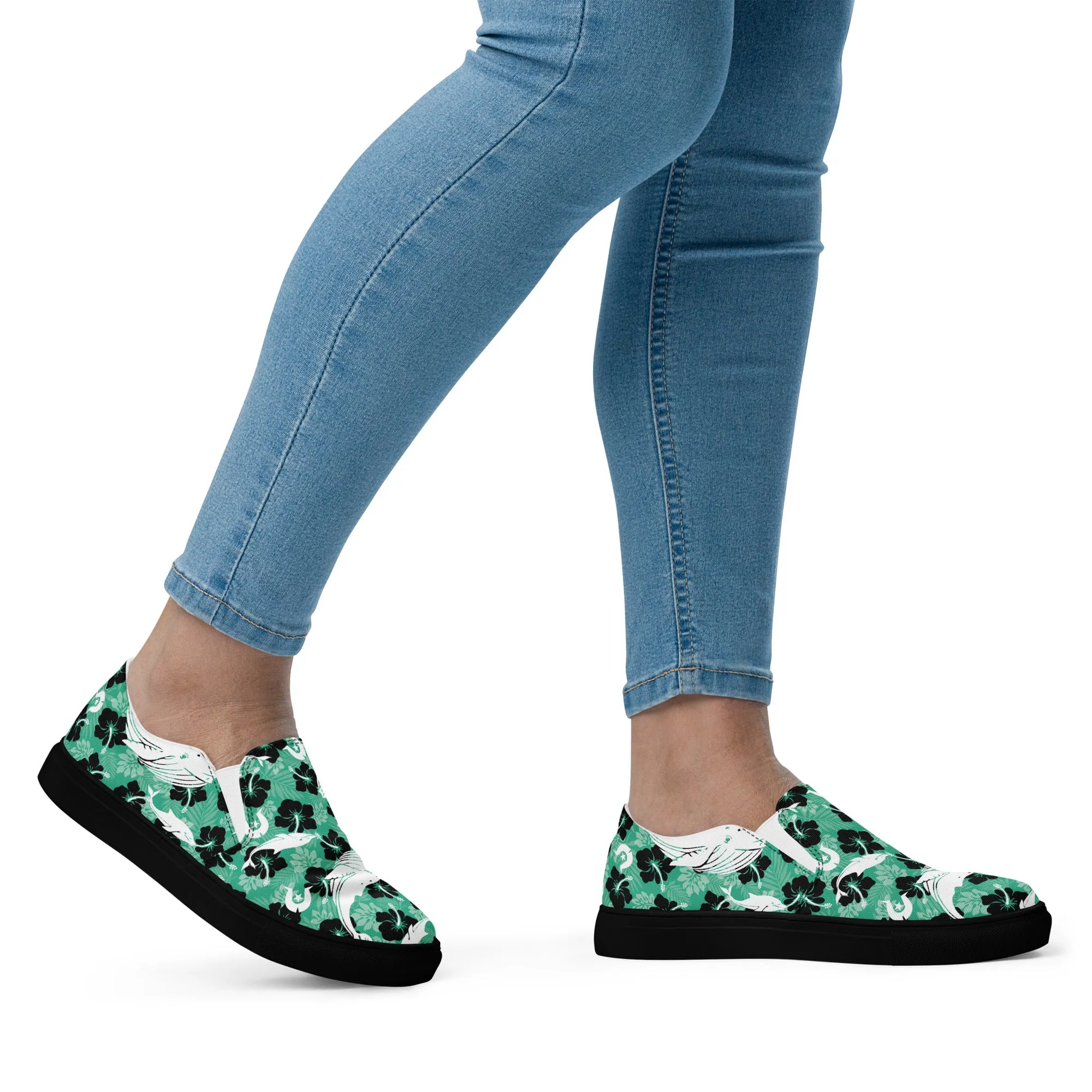 Black Hibiscus with Whale, Dolphin and Dhari on Women’s slip-on canvas shoes