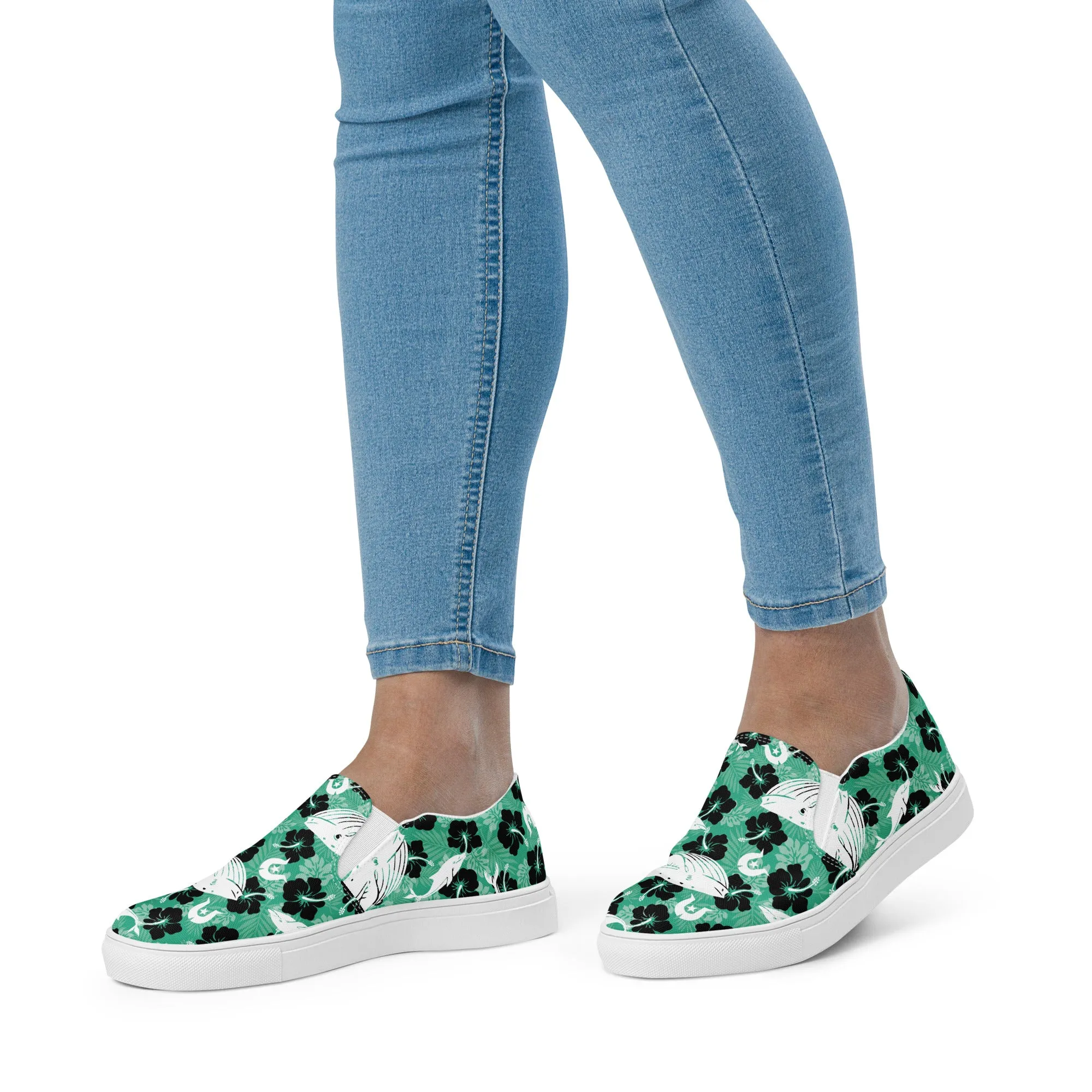 Black Hibiscus with Whale, Dolphin and Dhari on Women’s slip-on canvas shoes