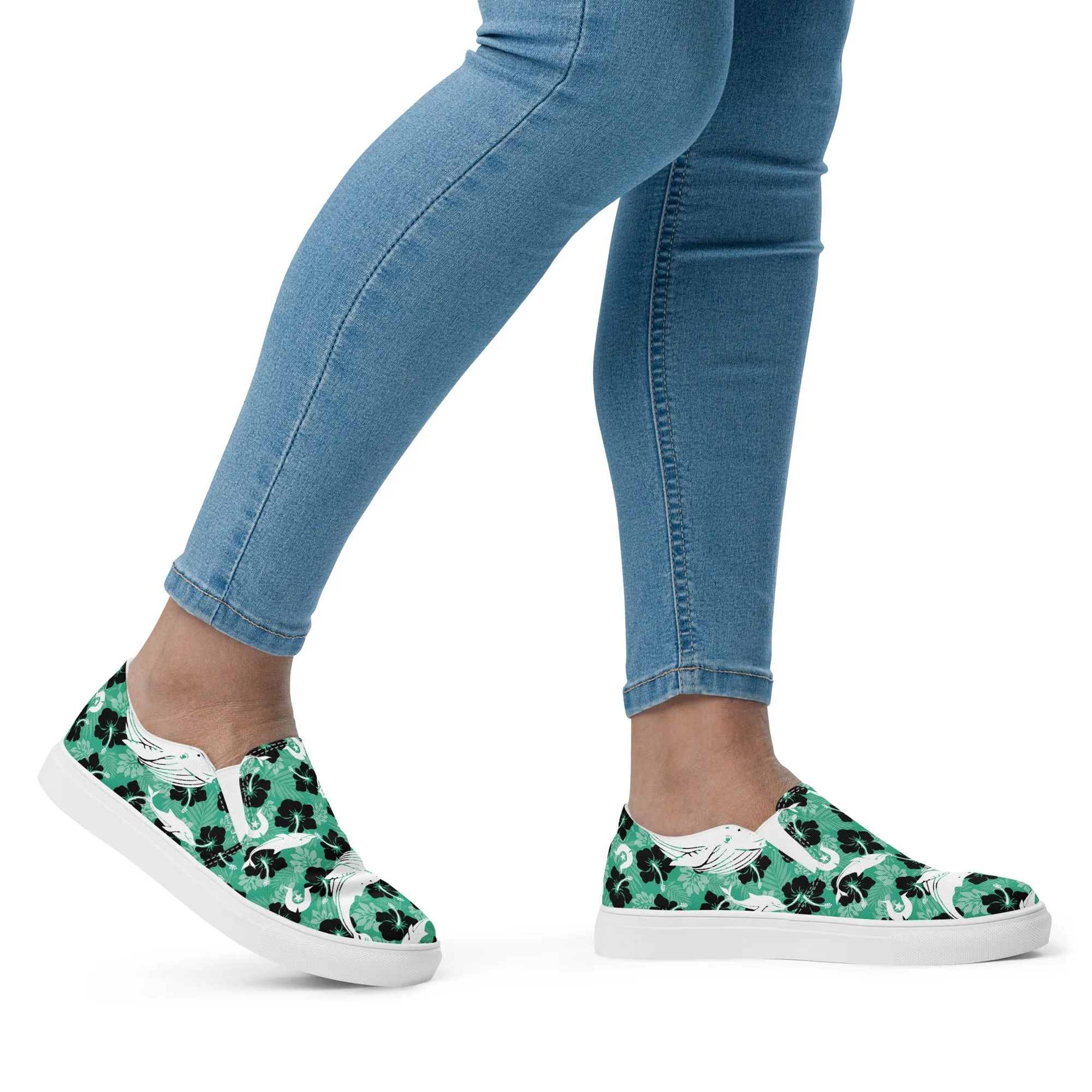 Black Hibiscus with Whale, Dolphin and Dhari on Women’s slip-on canvas shoes
