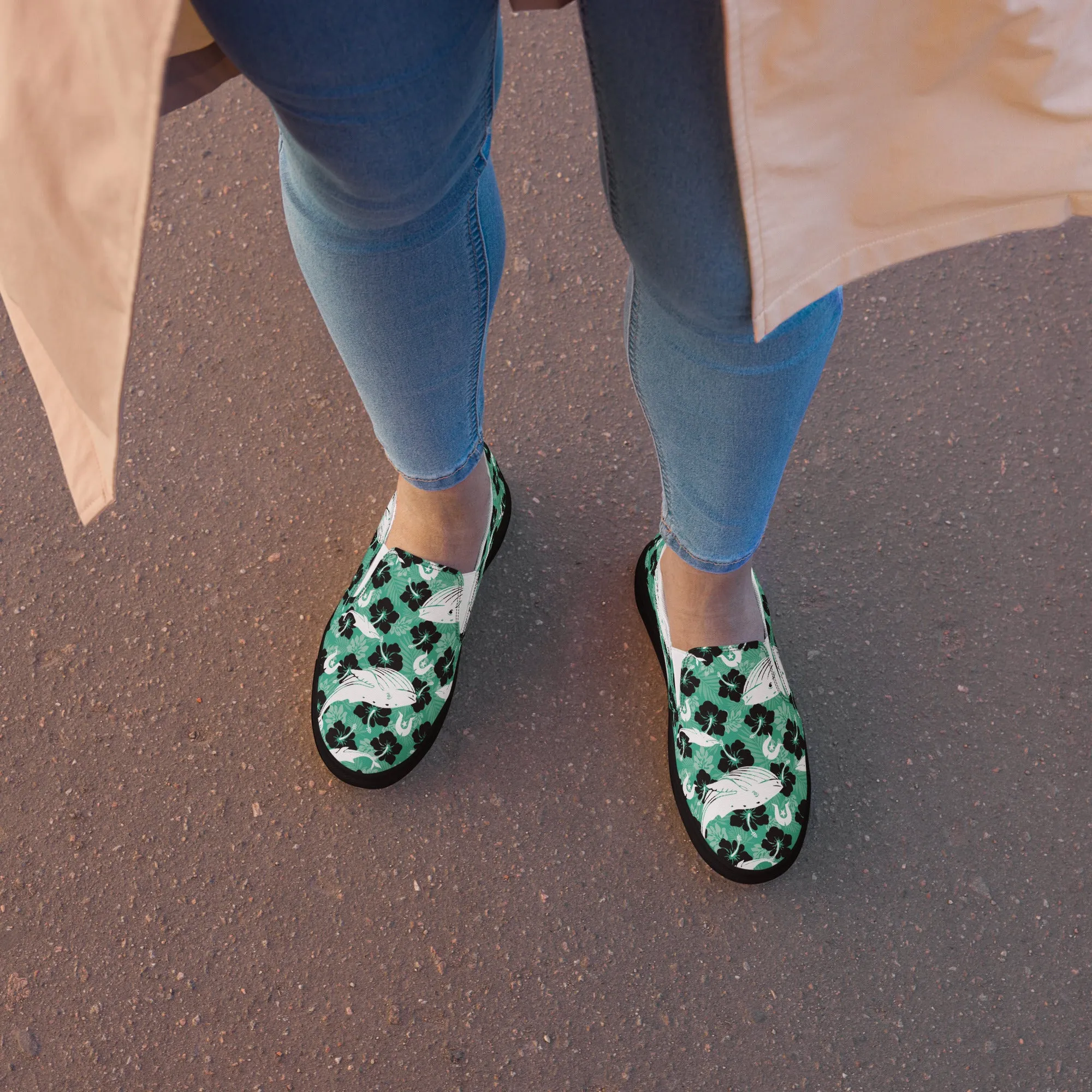 Black Hibiscus with Whale, Dolphin and Dhari on Women’s slip-on canvas shoes