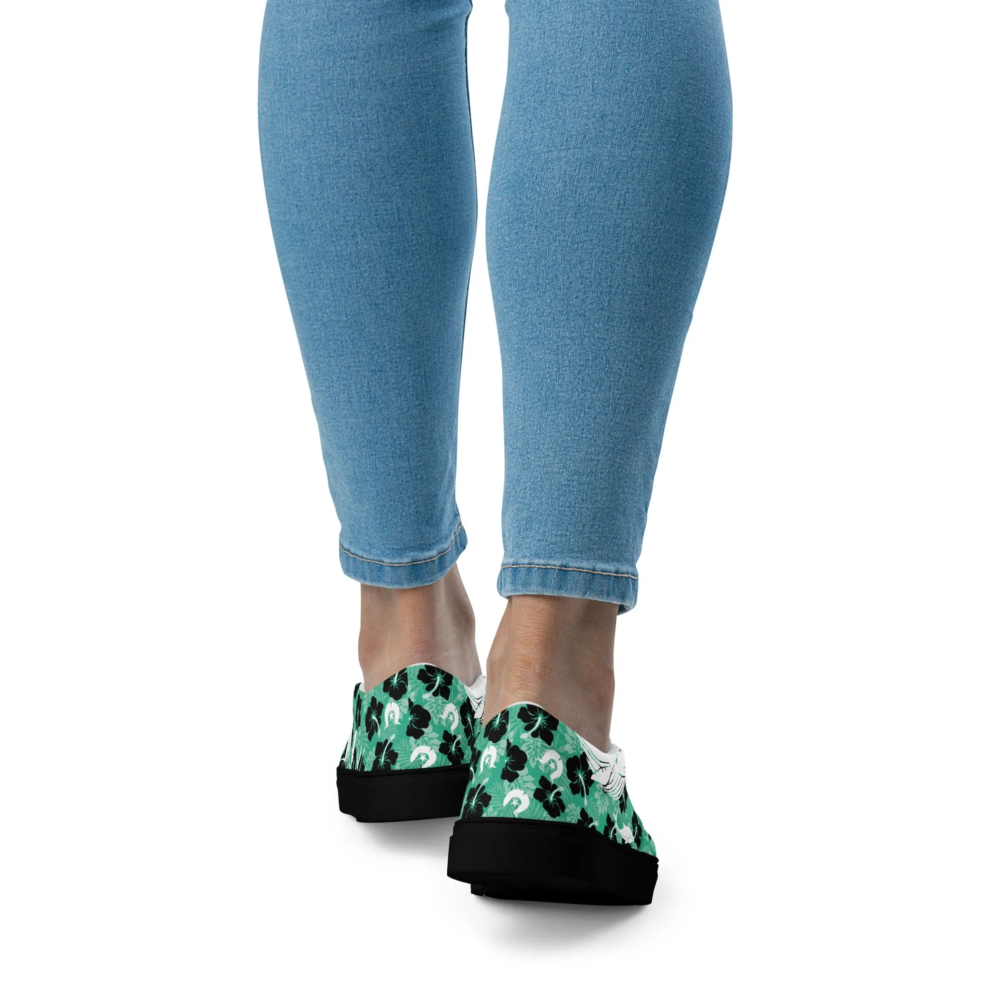 Black Hibiscus with Whale, Dolphin and Dhari on Women’s slip-on canvas shoes