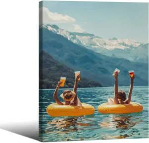 Blue Coastal Beach Aesthetic Wall Art Women Drinking on Lake Poster Funny Picnic On Floaties Canvas Prints 12X16 inch Framed Cowgirl Ocean Wall Decor for Girl Apartment Bedroom