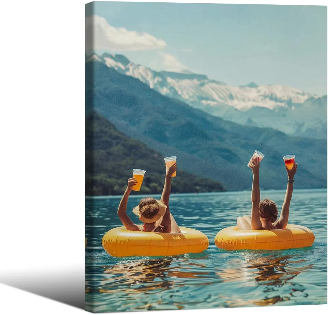 Blue Coastal Beach Aesthetic Wall Art Women Drinking on Lake Poster Funny Picnic On Floaties Canvas Prints 12X16 inch Framed Cowgirl Ocean Wall Decor for Girl Apartment Bedroom