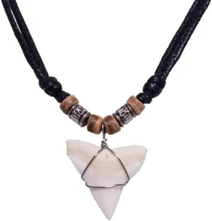 BlueRica Shark Tooth Pendant on Adjustable Cord with Wood Accent Beads Necklace