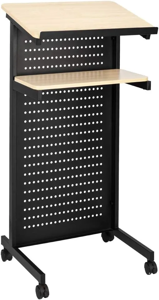 Bonnlo Mobile Wheeled Lectern Standing Podium, Portable Lecture Speech Teach Platform for Classroom Church or Ceremony, Multi-Function Reading or Laptop Desk, Table w/Tilted Top Board & Edge Stopper