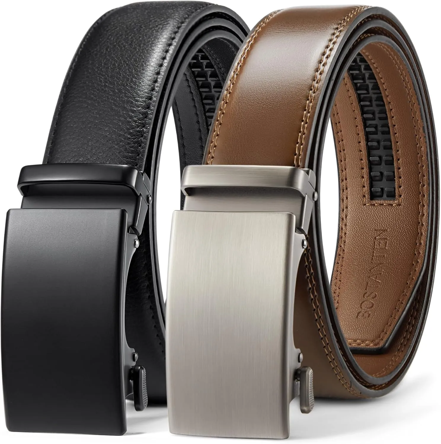 BOSTANTEN Ratchet Leather Belt For Men 2 Pack Dress and Casual with Adjustable Buckle, Trim to Fit
