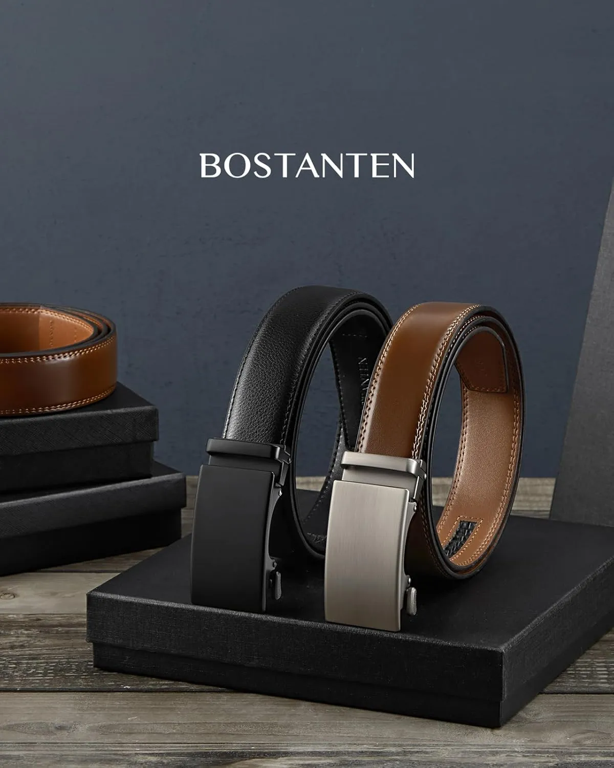BOSTANTEN Ratchet Leather Belt For Men 2 Pack Dress and Casual with Adjustable Buckle, Trim to Fit