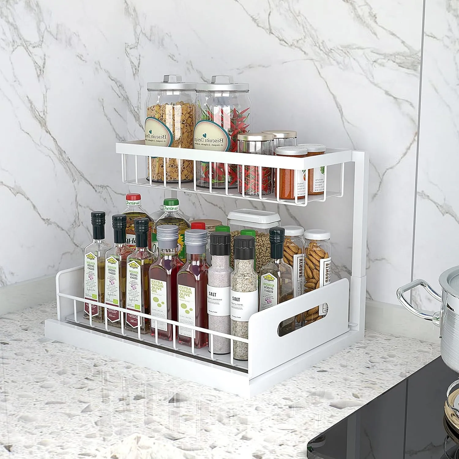 bukfen Under Sink Organizer, Pull Out Home Organizers 2-Tier Slide Out Sliding Shelf Under Cabinet Storage Multi-Use for Under Kitchen Bathroom Sink Organizers and Storage,White,2 Pack