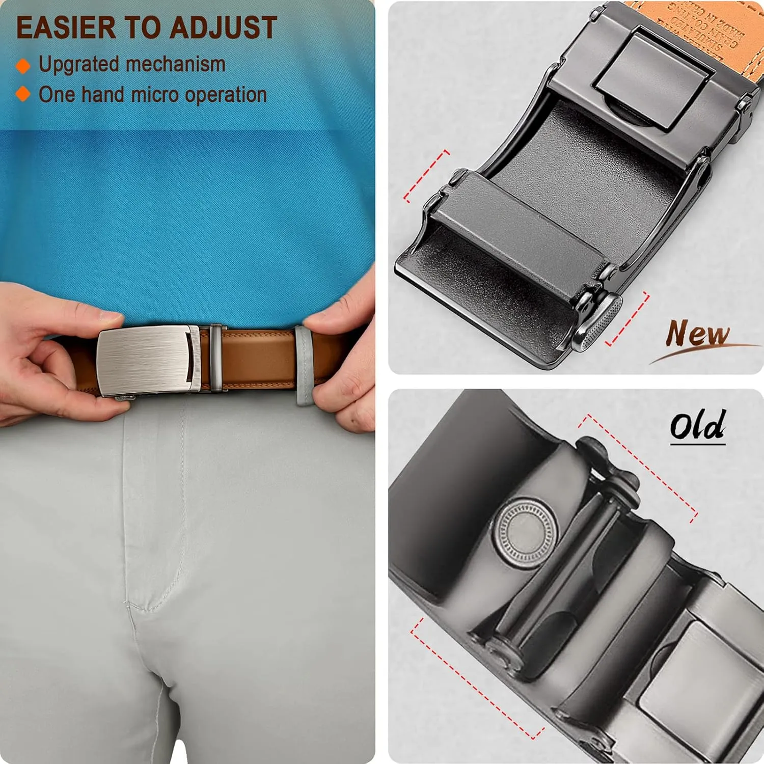 BULLIANT Mens Ratchet Belt,Leather Adjustable Slide Belt For Gift Mens Dress Casual 1 3/8",Size Adjustable