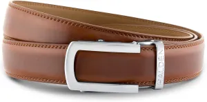 BURLEY Belts For Men Leather Original (Free Size Fits Up to 44 Inch Waist) Ratchet Straps, Unique Magnetic Auto-lock Buckle Formal Belts For Men, Light Brown Belt & Silver Matt Buckle, Free