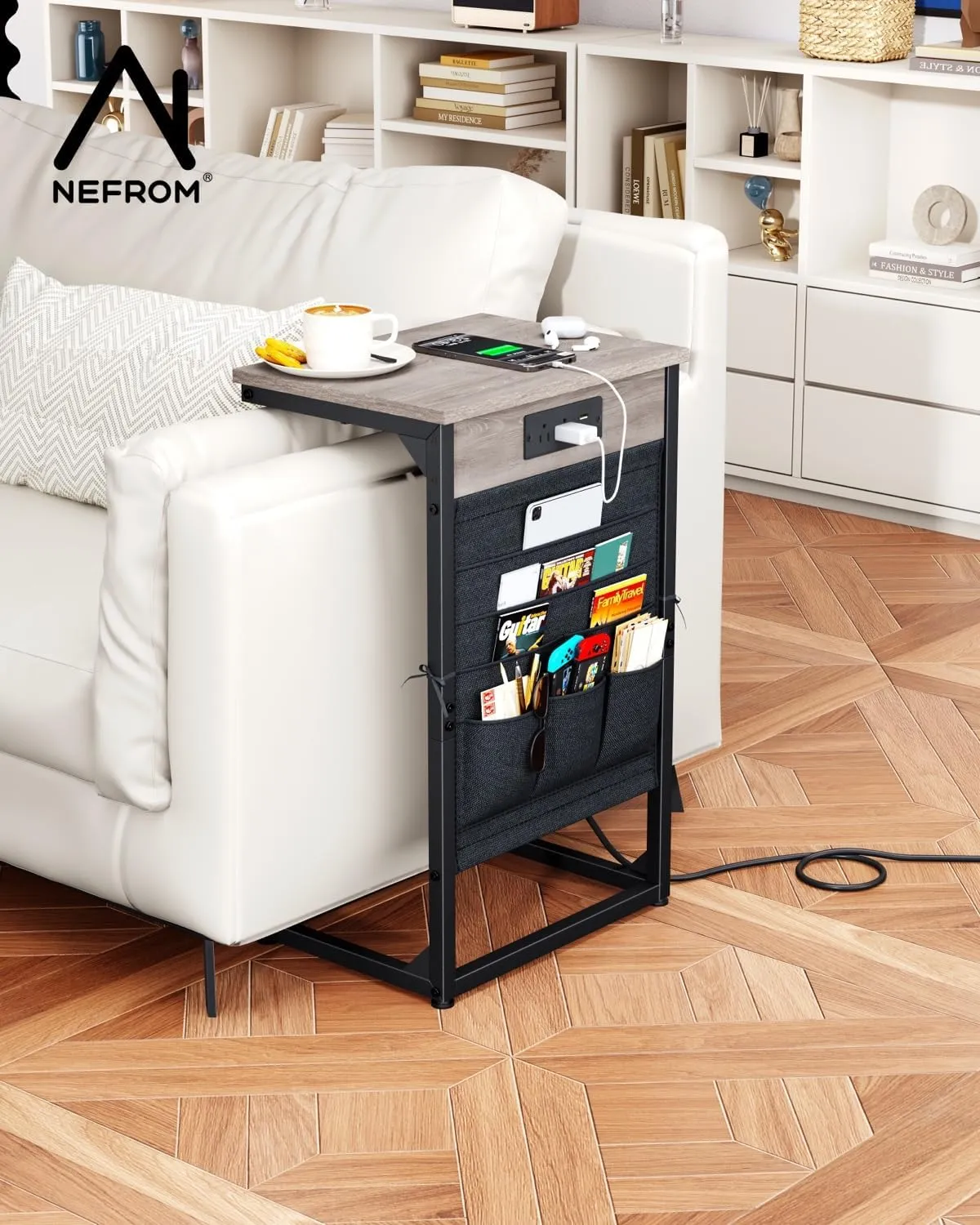 C-Shaped End Table with Charging Station, Small Couch Side Table with Storage Bag, Sofa Table for Living Room, Bedroom, Bedside ET-GY-W1
