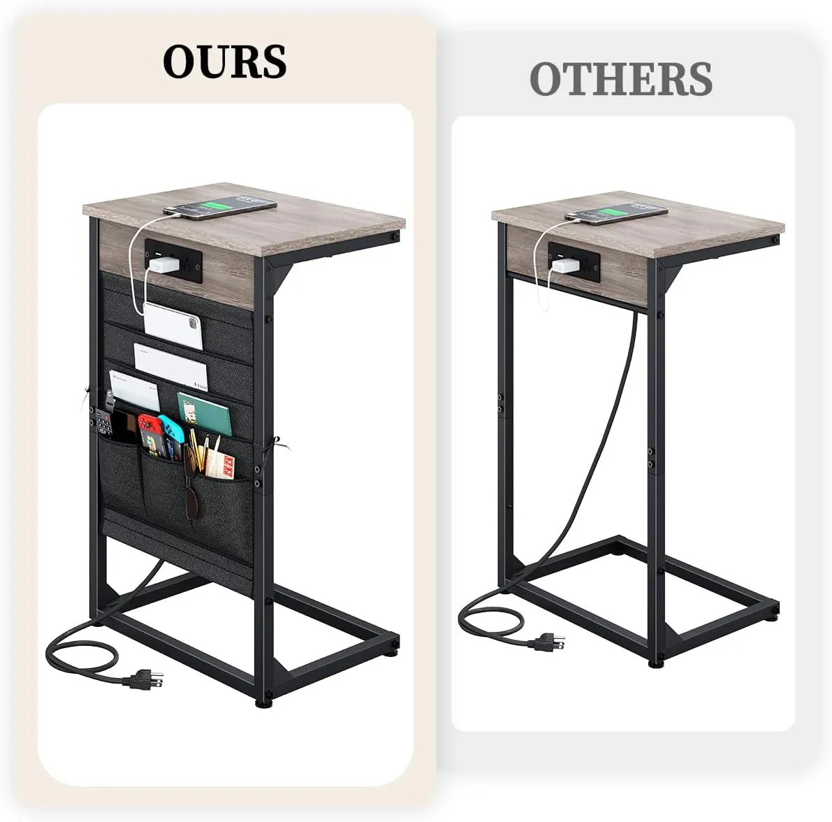 C-Shaped End Table with Charging Station, Small Couch Side Table with Storage Bag, Sofa Table for Living Room, Bedroom, Bedside ET-GY-W1