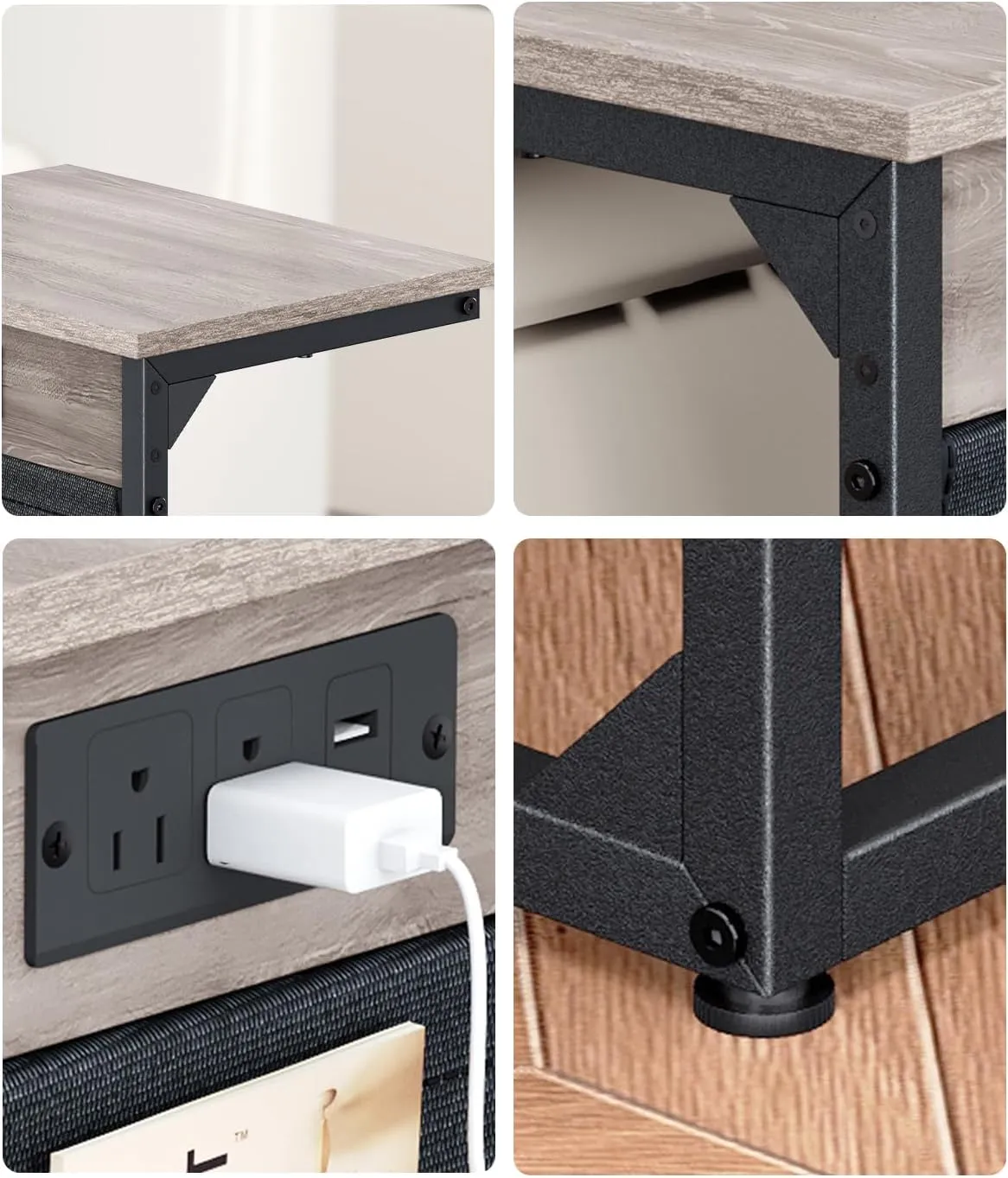 C-Shaped End Table with Charging Station, Small Couch Side Table with Storage Bag, Sofa Table for Living Room, Bedroom, Bedside ET-GY-W1