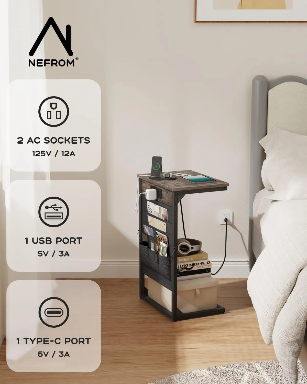 C-Shaped End Table with Charging Station, Small Couch Side Table with Storage Bag, Sofa Table for Living Room, Bedroom, Bedside ET-GY-W1