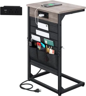 C-Shaped End Table with Charging Station, Small Couch Side Table with Storage Bag, Sofa Table for Living Room, Bedroom, Bedside ET-GY-W1