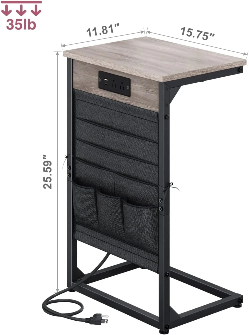 C-Shaped End Table with Charging Station, Small Couch Side Table with Storage Bag, Sofa Table for Living Room, Bedroom, Bedside ET-GY-W1