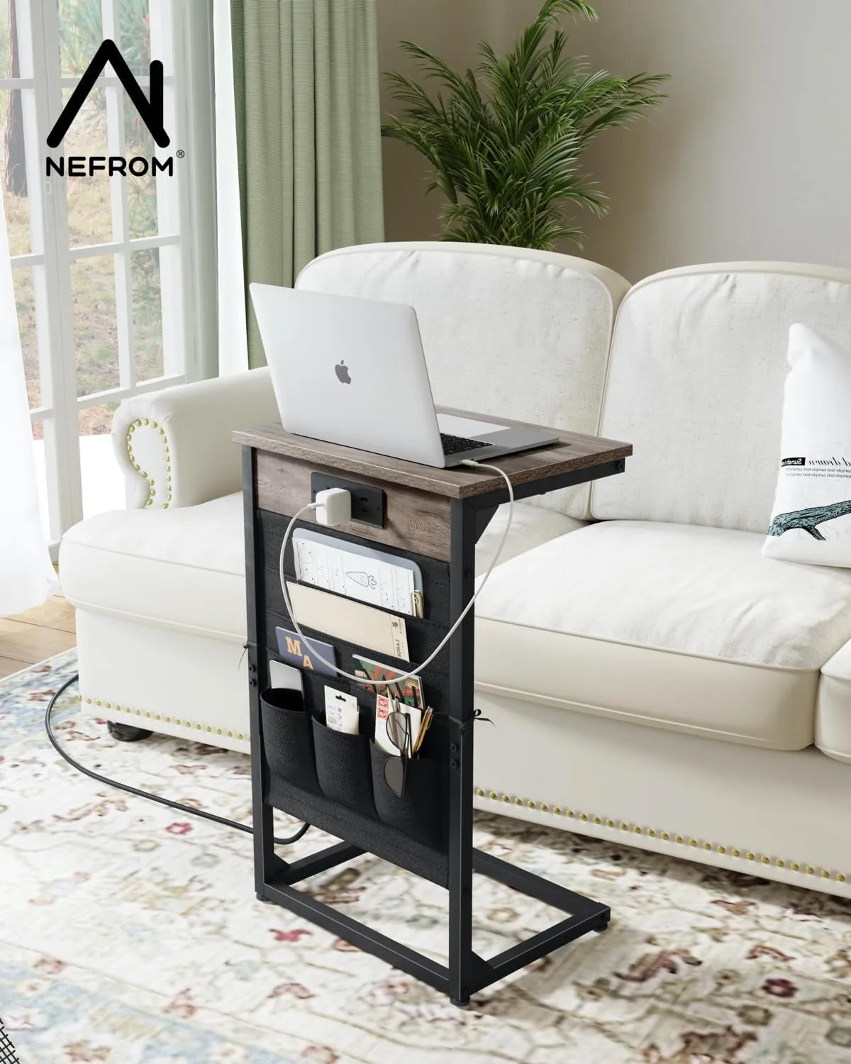 C-Shaped End Table with Charging Station, Small Couch Side Table with Storage Bag, Sofa Table for Living Room, Bedroom, Bedside ET-GY-W1
