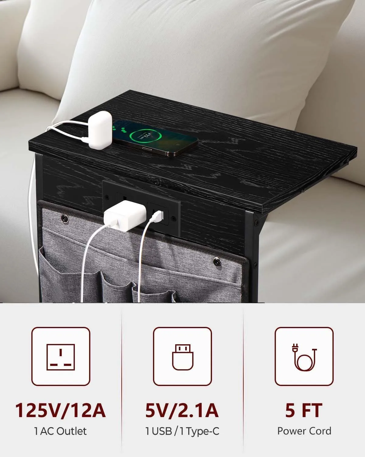 C Shaped End Table with Charging Station, Small Side Table with Storage Bag for Couch and Recliner, Slide Under Sofa Tray for Living Room, Bedroom, Ebonized Oak