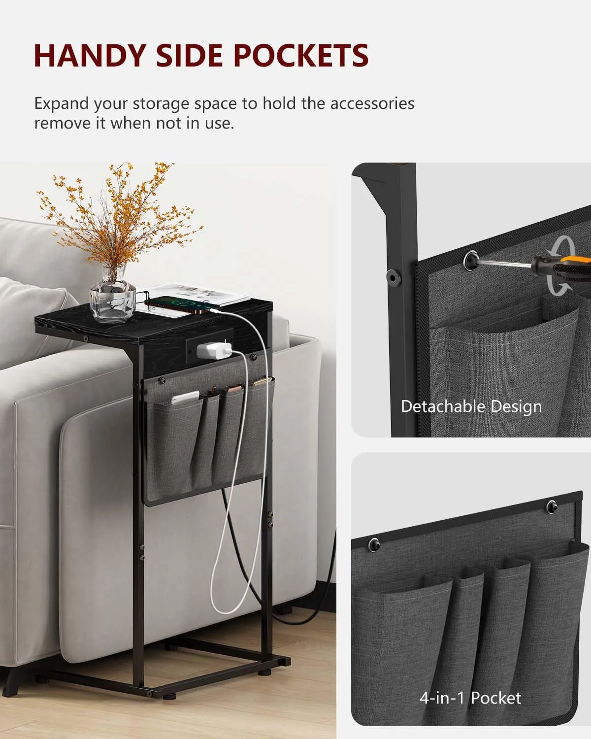 C Shaped End Table with Charging Station, Small Side Table with Storage Bag for Couch and Recliner, Slide Under Sofa Tray for Living Room, Bedroom, Ebonized Oak