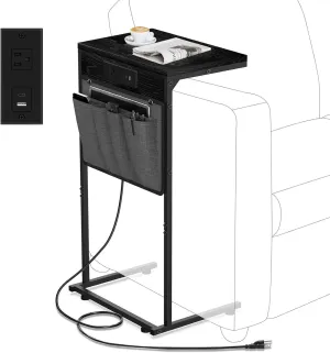 C Shaped End Table with Charging Station, Small Side Table with Storage Bag for Couch and Recliner, Slide Under Sofa Tray for Living Room, Bedroom, Ebonized Oak