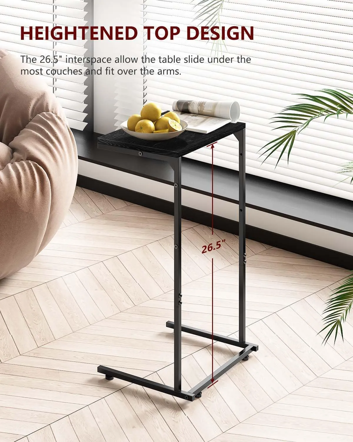 C Shaped End Table with Charging Station, Small Side Table with Storage Bag for Couch and Recliner, Slide Under Sofa Tray for Living Room, Bedroom, Ebonized Oak