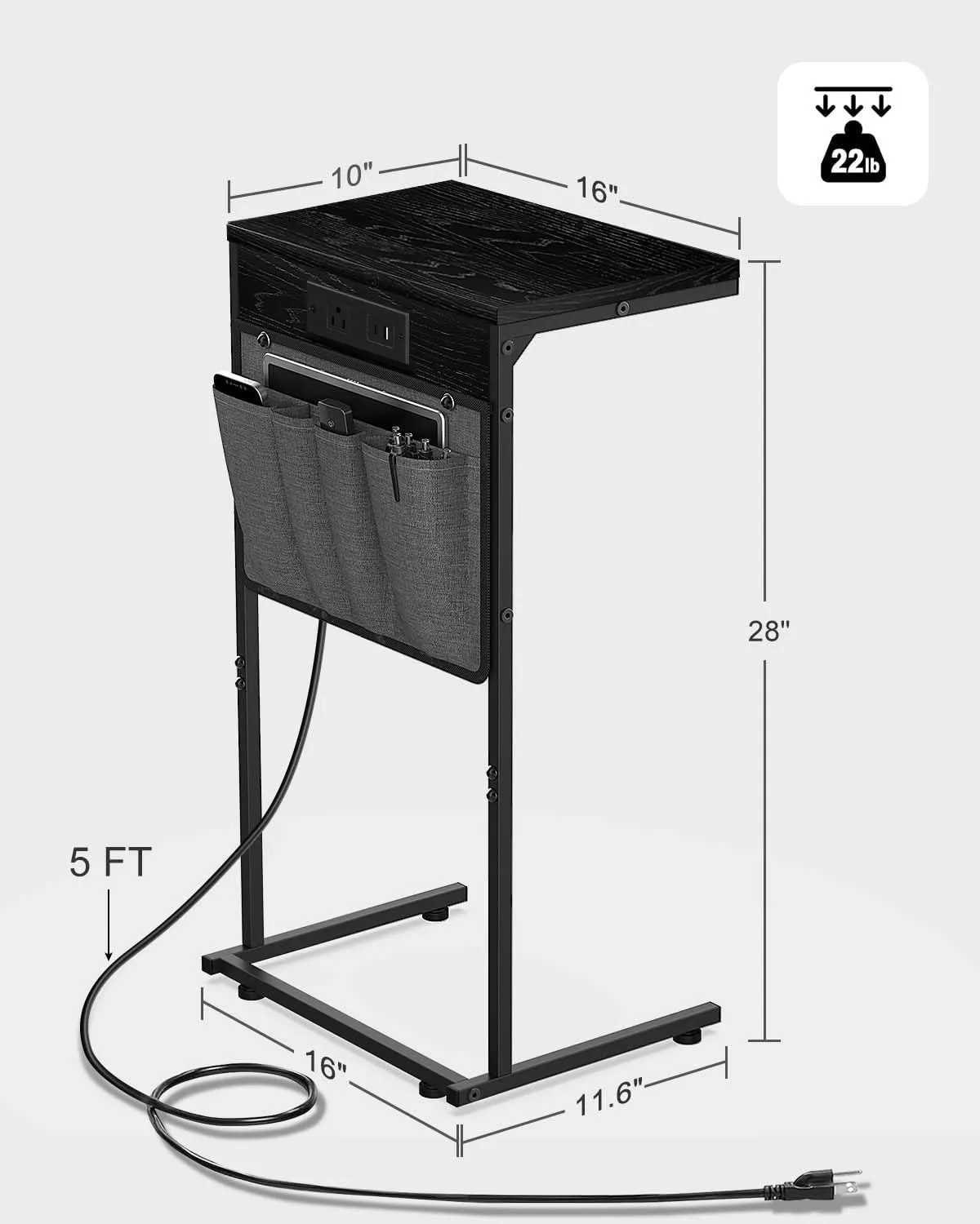 C Shaped End Table with Charging Station, Small Side Table with Storage Bag for Couch and Recliner, Slide Under Sofa Tray for Living Room, Bedroom, Ebonized Oak
