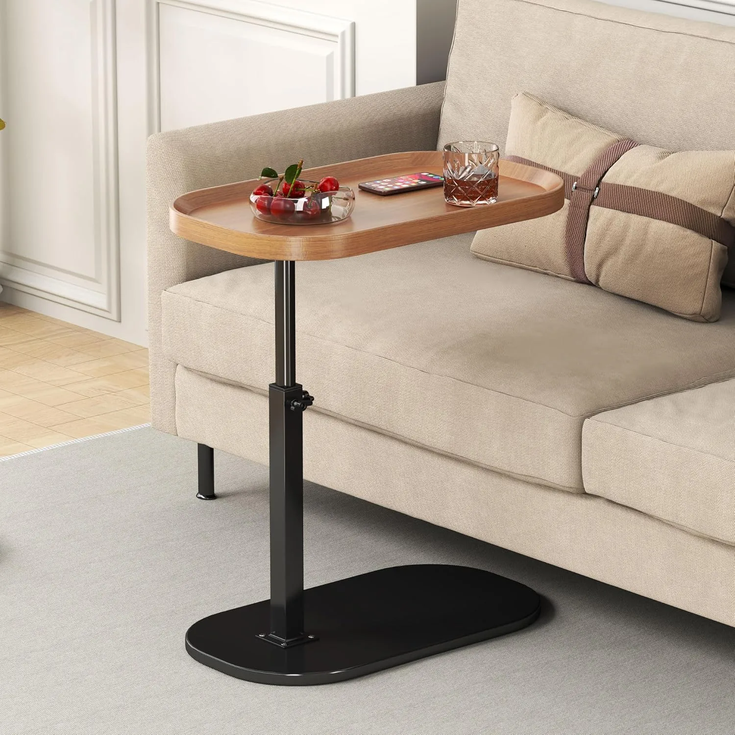 C Shaped Side Table Adjustable Height, 360°Swivel C Shaped End Table, Couch Side Tables That Slide Under, Small Coffee C Table End Table for Sofa/Bed/Bathtub, Rotating Elevate Tabletop (Wood)
