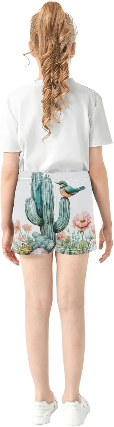 Cactus Wild Bird Floral Desert Pattern Girl Casual Shorts Athletic Shorts Pants with Pockets