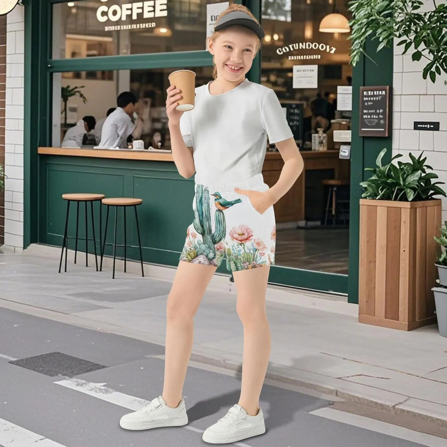Cactus Wild Bird Floral Desert Pattern Girl Casual Shorts Athletic Shorts Pants with Pockets