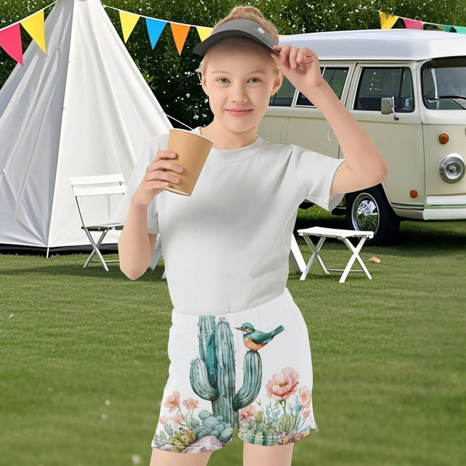 Cactus Wild Bird Floral Desert Pattern Girl Casual Shorts Athletic Shorts Pants with Pockets