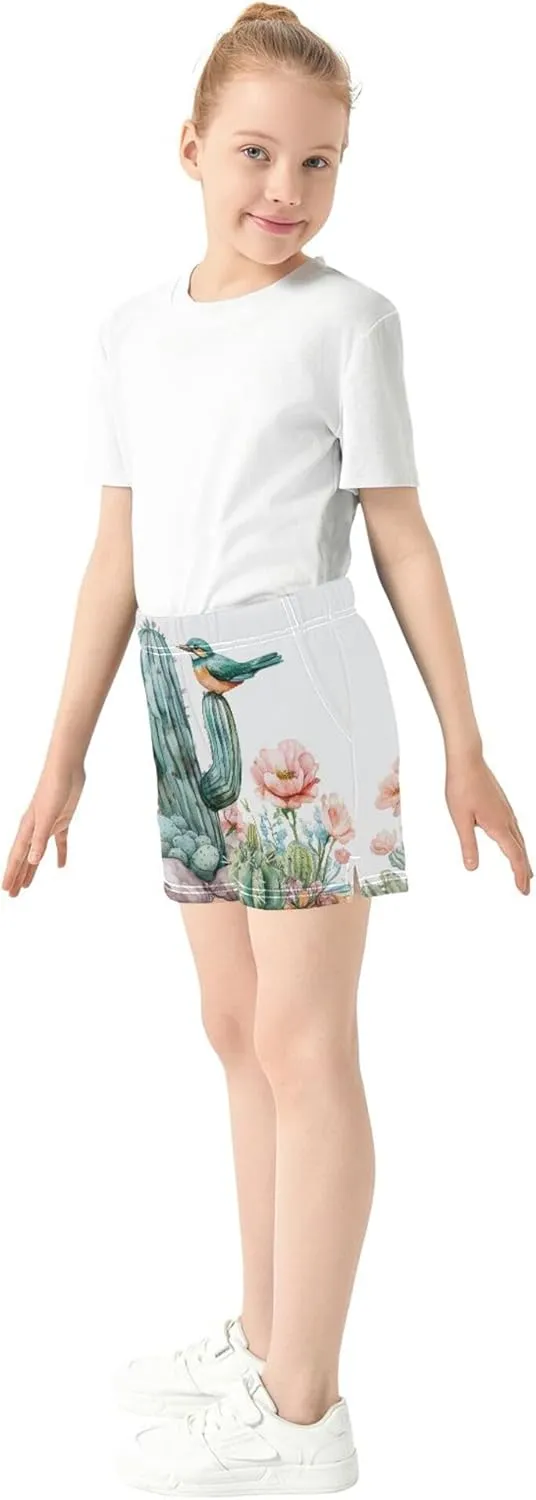 Cactus Wild Bird Floral Desert Pattern Girl Casual Shorts Athletic Shorts Pants with Pockets