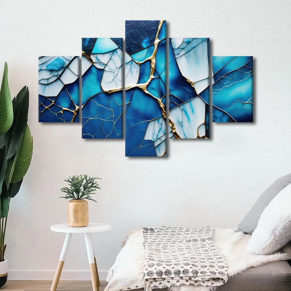 Canvas Wall Art Decor Abstract Wall Art Ice Blue Glass Abstract Poster Prints on Canvas 5 Panel Modern Minimalist Canvas Artwork for Men Lady Home Wall Decor Stretched Ready to Hang 60x40 in