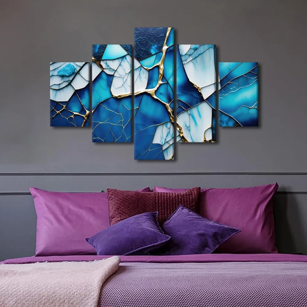 Canvas Wall Art Decor Abstract Wall Art Ice Blue Glass Abstract Poster Prints on Canvas 5 Panel Modern Minimalist Canvas Artwork for Men Lady Home Wall Decor Stretched Ready to Hang 60x40 in