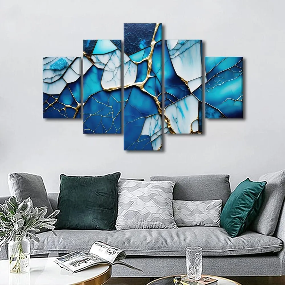 Canvas Wall Art Decor Abstract Wall Art Ice Blue Glass Abstract Poster Prints on Canvas 5 Panel Modern Minimalist Canvas Artwork for Men Lady Home Wall Decor Stretched Ready to Hang 60x40 in