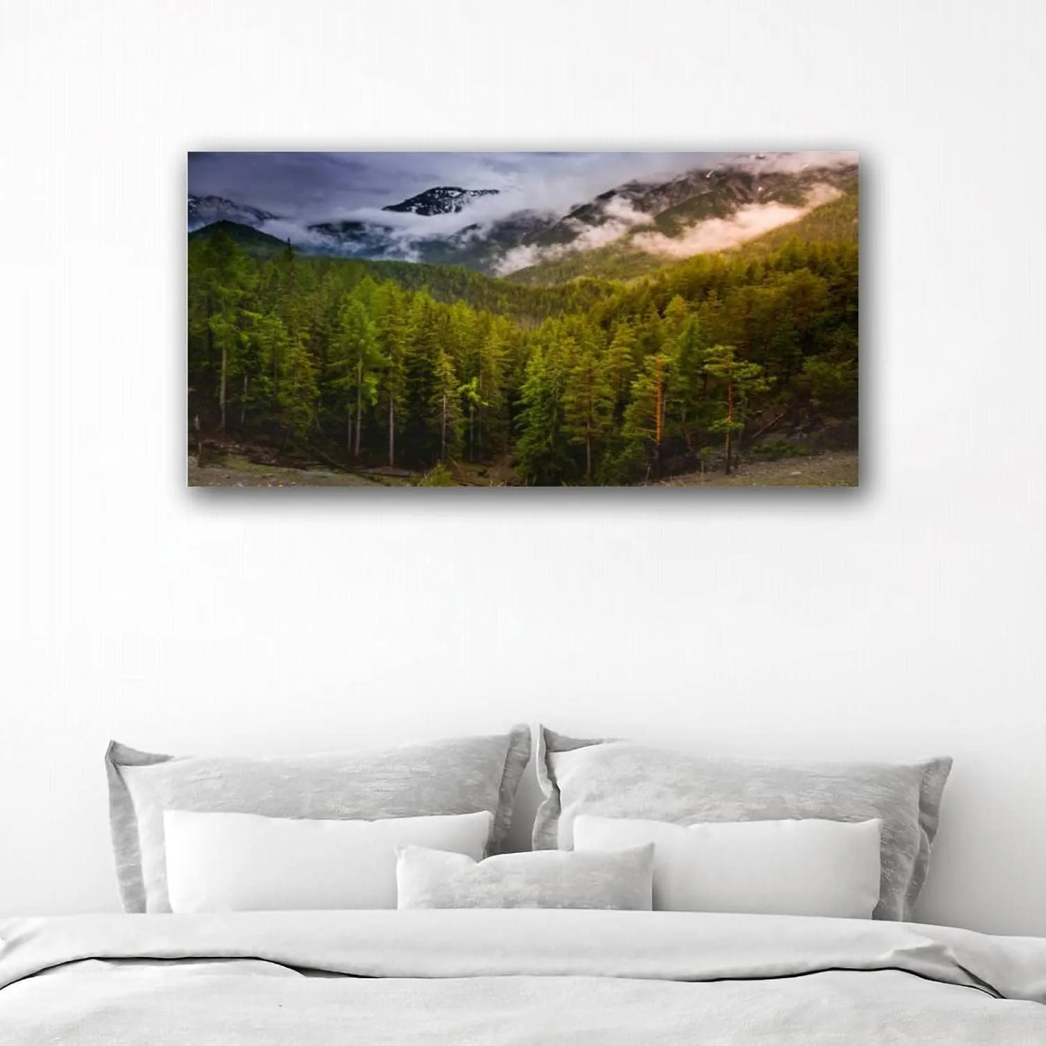 Canvas Wall Art Idyllic misty Alpine landscape majestic Dolomites alps – Gran Painting Poster Print Pictures On Canvas Framed Giclee Artwork Ready to Hang for Home Office Wall Decor