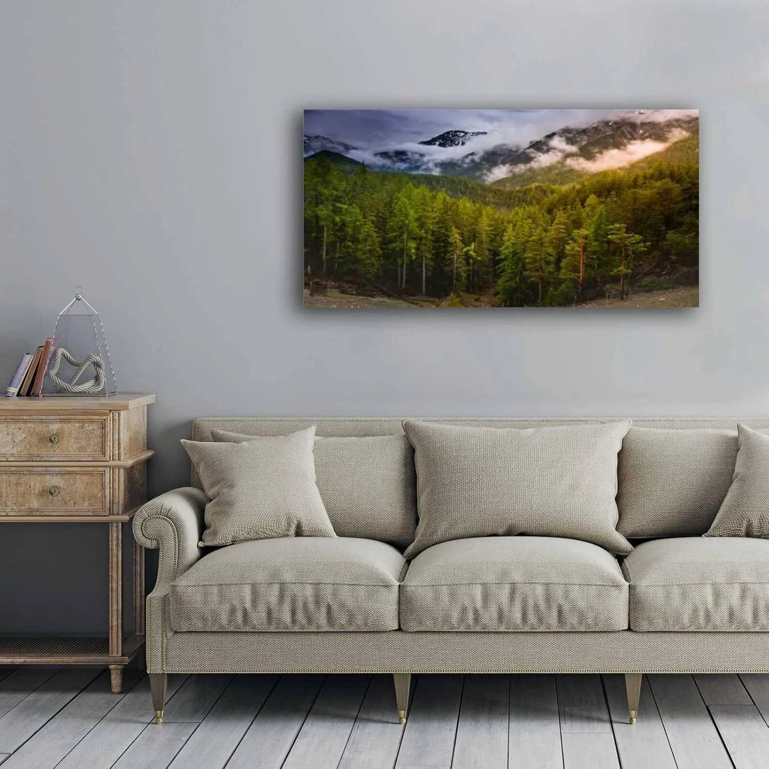 Canvas Wall Art Idyllic misty Alpine landscape majestic Dolomites alps – Gran Painting Poster Print Pictures On Canvas Framed Giclee Artwork Ready to Hang for Home Office Wall Decor