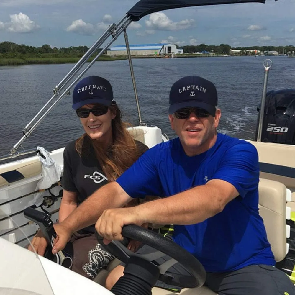Captain Hat & First Mate | Matching Skipper Boating Baseball Caps | Nautical Marine Sailor Navy Hats