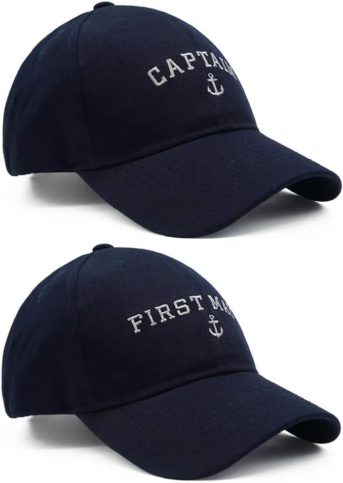 Captain Hat & First Mate | Matching Skipper Boating Baseball Caps | Nautical Marine Sailor Navy Hats