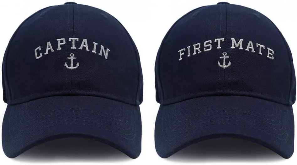 Captain Hat & First Mate | Matching Skipper Boating Baseball Caps | Nautical Marine Sailor Navy Hats