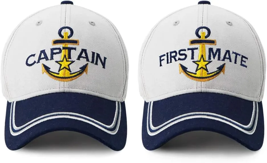 Captain Hat & First Mate | Matching Skipper Boating Baseball Caps | Nautical Marine Sailor Navy Hats