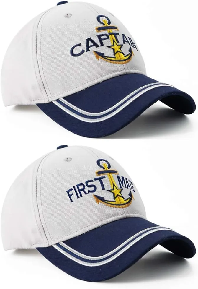 Captain Hat & First Mate | Matching Skipper Boating Baseball Caps | Nautical Marine Sailor Navy Hats